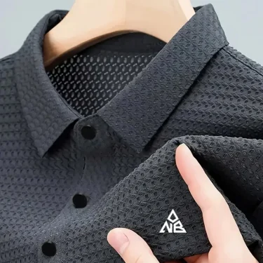 Men's classic solid color short sleeve shirt stretch knit button-down casual summer work style 95% polyester and spandex 2