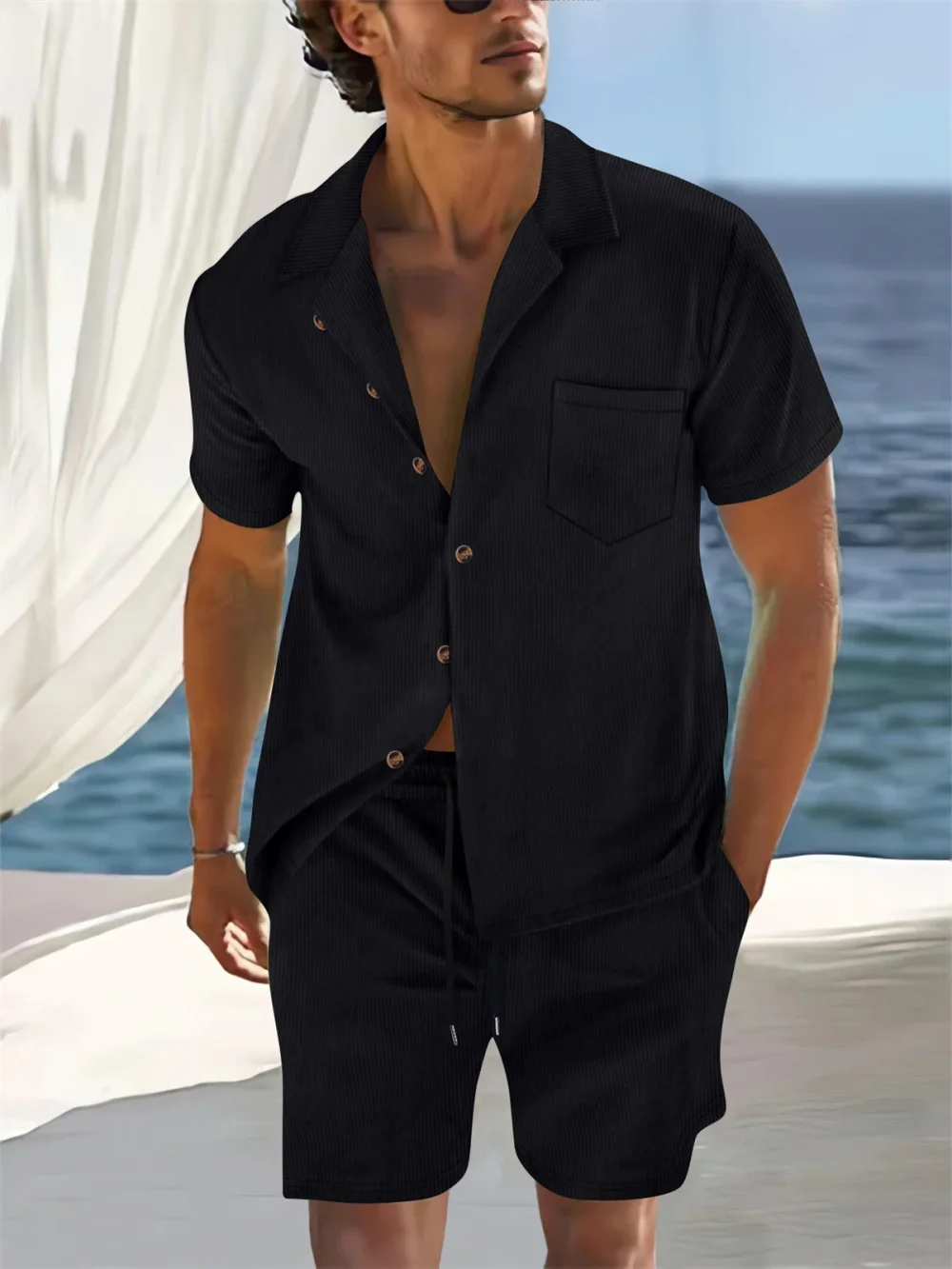 Cuban-style striped short sleeve cardigan shirt top + shorts Men's business casual suit, suitable for seaside vacation 2