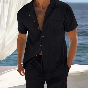 Cuban-style striped short sleeve cardigan shirt top + shorts Men's business casual suit, suitable for seaside vacation 2