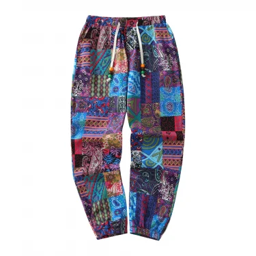 Euro Size Men's Casual Cotton-Linen Pants Paisley Ethnic Print Mid-Waist Drawstring Closure Spring/Fall Casual Pants 1