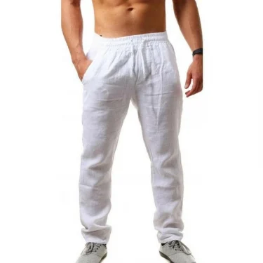 Men's Cotton Linen Pants Summer Solid Color Breathable Linen Trousers Male Casual Elastic Waist Fitness Pants Hip-Hop Streetwear 2