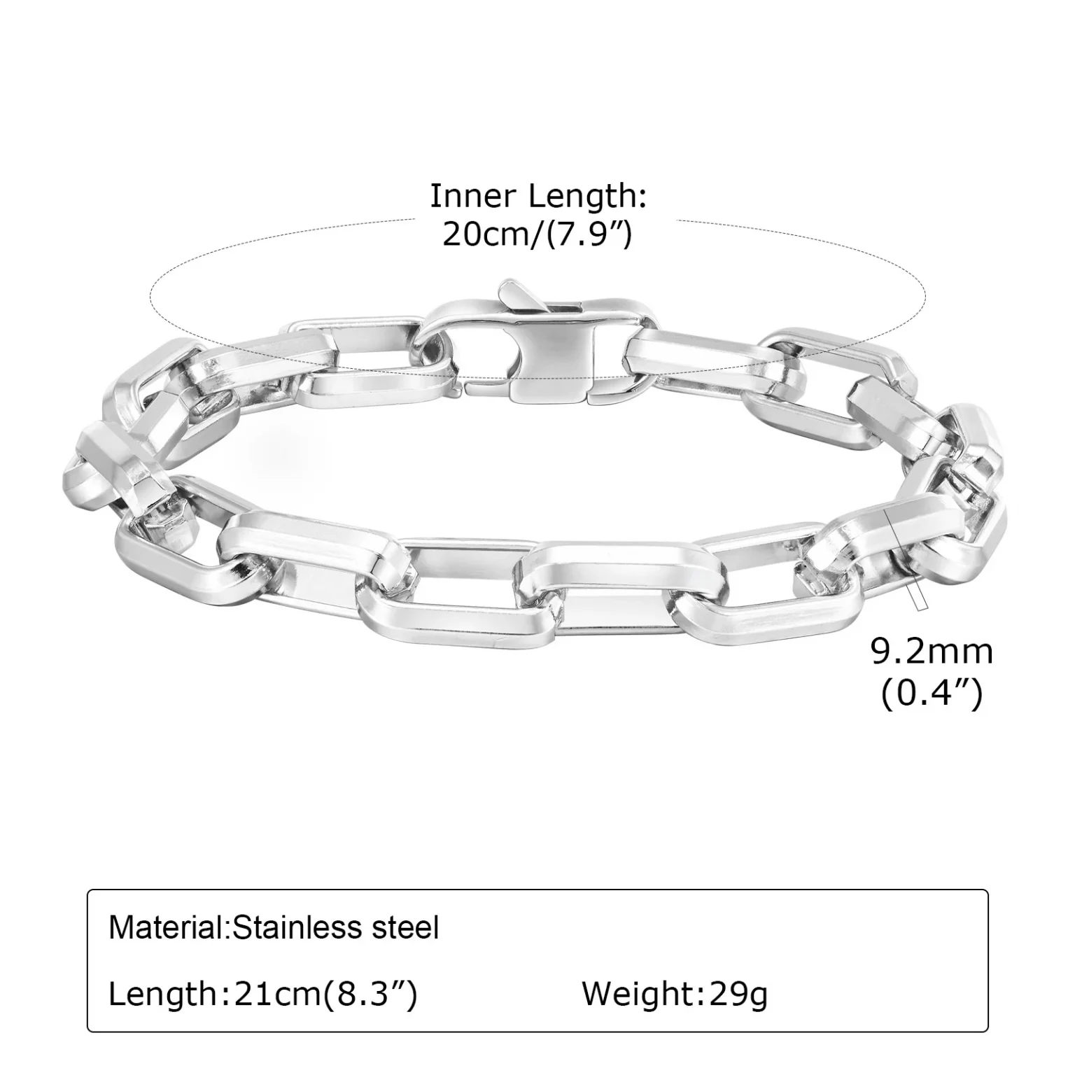 Casual Rectangle Chain Bracelets for Men Boys,Silver Color Stainless Steel Wristband,Punk Anniversary Jewelry Gifts 6