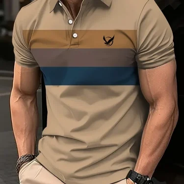 Men's bird pattern 3D print contrasting button up shirt with casual sports suitable for outdoor short sleeved striped polo shirt 1