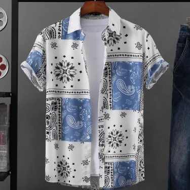 Ethnic Patchwork Design Printed men's And women's Shirts Casual Design short-sleeved Shirts Fashion Button short-sleeved Tops 1