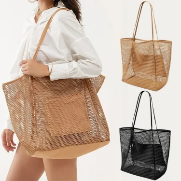 Beach Nylon Mesh Tote Bag, Casual Tote Bag Women Foldable Shoulder Bag For Beach Picnic Vacation 1