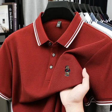 Fashion cartoon bear embroidery 100% cotton short sleeve polo shirt brand new stripe decoration lapel T-shirt comfort men's wear 2