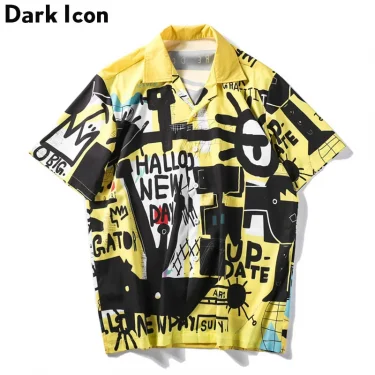 Dark Icon Graffitti Retro Shirts 2025 Summer Street Men's Shirt Short Sleeve Turn-down Collar Vintage Shirts for Men 1