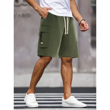 Summer Men's Cargo Shorts Multiple Pockets Casual Shorts Running Solid Color Elastic Waist Drawstring Short Pants Streetwear 2