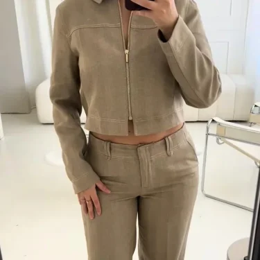 Casual Trousers Set Women Cotton Linen Lapel Zippers Crop Top Straight Pants Sets Lady Spring Autumn Solid Suit Woman Streetwear 1