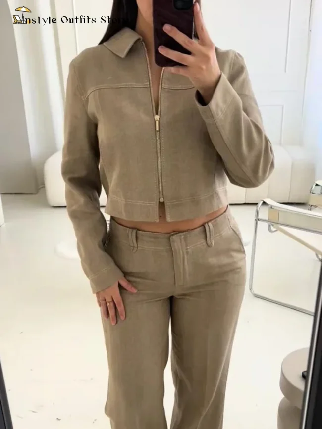 Casual Trousers Set Women Cotton Linen Lapel Zippers Crop Top Straight Pants Sets Lady Spring Autumn Solid Suit Woman Streetwear 1
