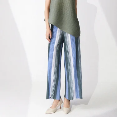 Summer Women's Straight Casual Pants 2025 New Striped Elastic Waist Wide Leg Pants Miyake Pleated Trousers 5