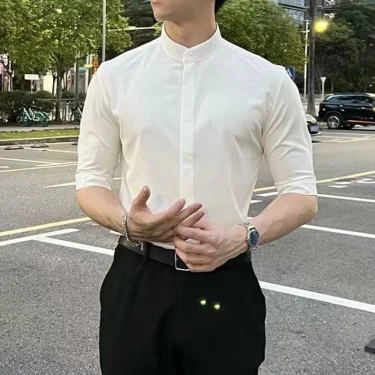Ice Silk Slim Fit Plain Half Sleeve Men's Shirt With Collar Summer Original Casual Fashion 2025 Button Up Tops Male Shirts Sale 3