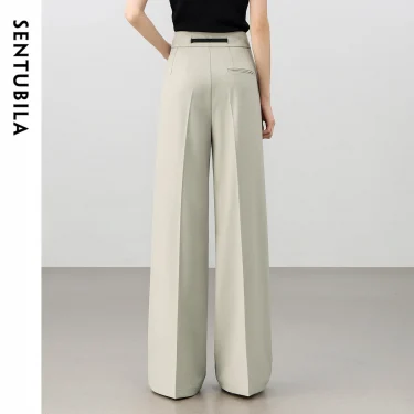 SENTUBILA Straight Pants Woman 2025 Spring Full-length High-waist Solid Folds Office Workwear Trousers with Belt 151K59377 2