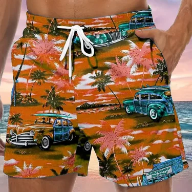 3D car print men's casual shorts Tropical summer vitality style fashion shorts, quick-drying and comfortable close-fitting 1