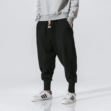 Cotton Linen Harem Pants Men Solid Elastic Waist Streetwear Joggers New Baggy Drop-crotch Pants Casual Trousers Men 5