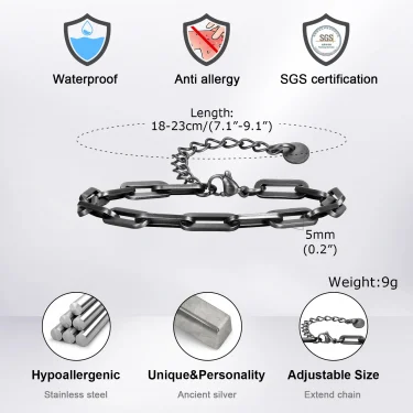 Vnox Unisex 5mm Rectangular Link Chain Bracelets, Adjustable Black Paperclip Chain Wristband Jewelry Gift for Men Women 4