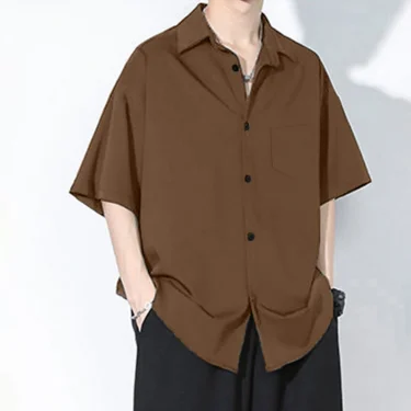 Shirt Men's Summer Ice Silk Short-Sleeved Drapey High-End Loose Casual Solid Color Shirt for Men 3