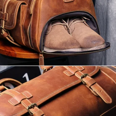 MUNUKI Vintage Crazy Horse Genuine Leather Travel bag Large Luggage bag men Leather duffle bag Large Weekend Bag Tote Big 5