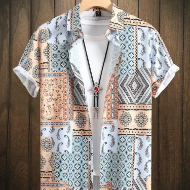 Ethnic Patchwork Design Printed men's And women's Shirts Casual Design short-sleeved Shirts Fashion Button short-sleeved Tops 2