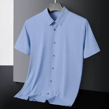 New High-quality Ice Silk Men's Business Casual Short Sleeved Shirt Summer Ultra-thin Breathable Outdoor Sports Solid Color Top 2