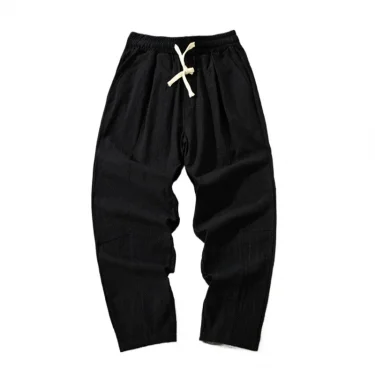 Summer Men Cotton Trousers Casual Solid Color Long Pants Breathable Drawstring Straight Streetwear Harem Pants Men Baggy Pants 2