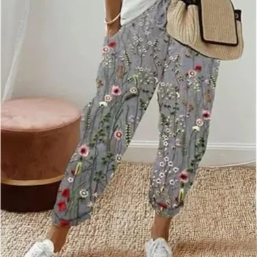 Women Spring Summer Cropped Pants Elastic Waist Drawstring Retro Thin Flower Print Fashion Loose Stripe Pocket Pants 2