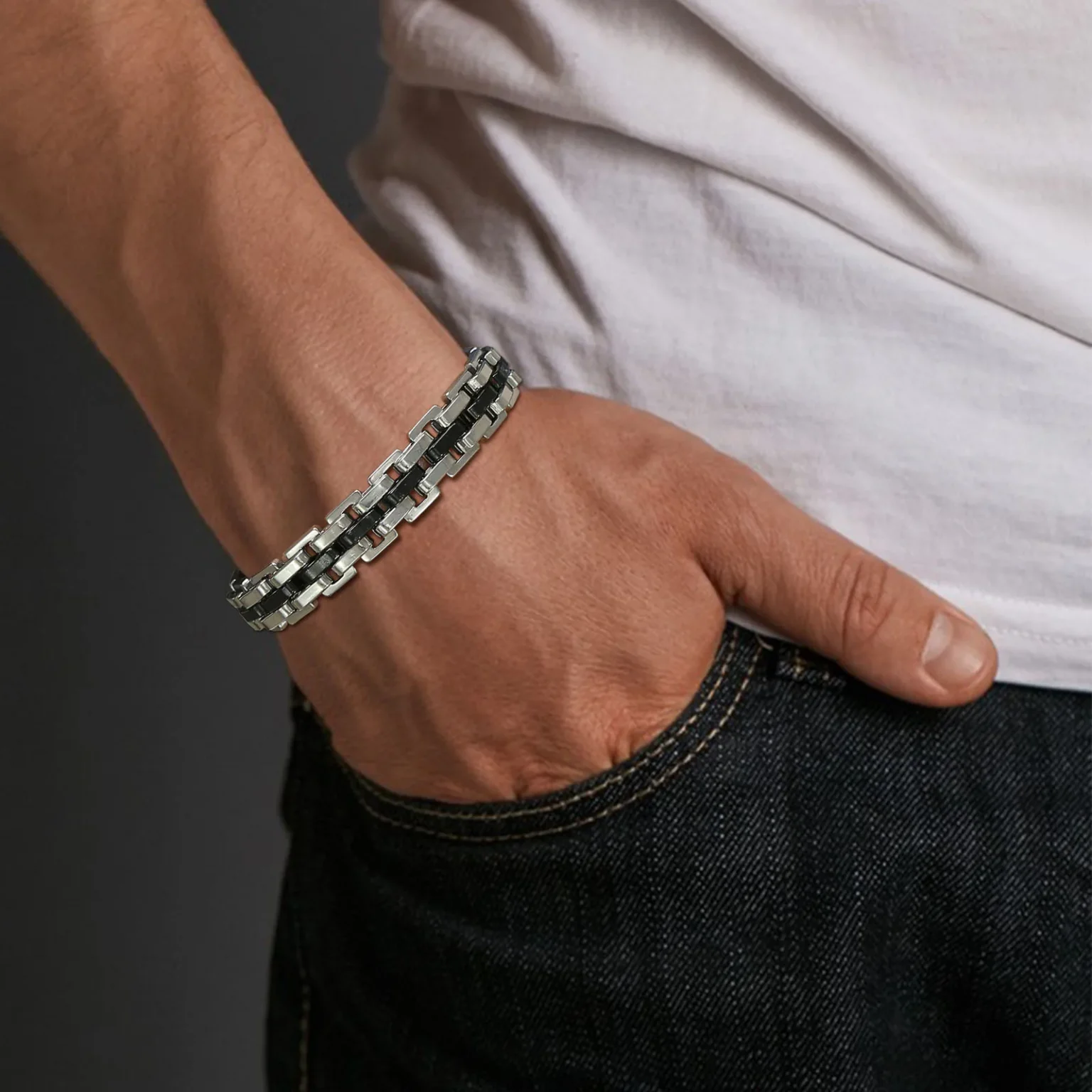 Vnox 11mm Watchband Shaped Chain Bracelet for Men Teens Boys,Strap Chain Bracelets, Black Silver Color Stainless Steel Wristband 3