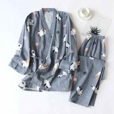 New Japanese-style kimono two-piece couple pajamas cover men and women pure cotton gauze cute kitten thin home service plus size 3