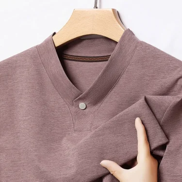 2025 Korean Style Men's Casual and Fashionable One Button V-neck Solid Color Short Sleeved T-shirt Summer Versatile Top 6