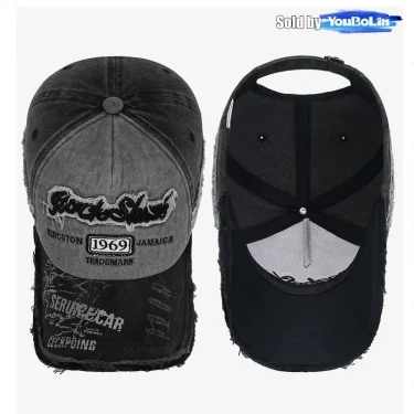 Ripped edge washed distressed baseball cap with embroidered numbers and five-panel sunshade cap 6