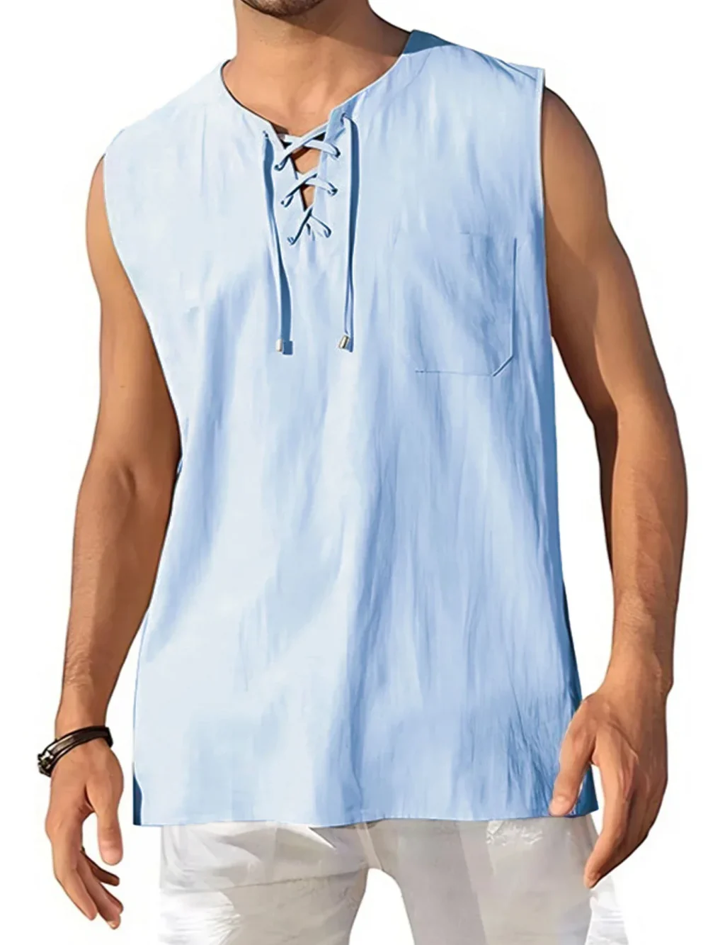 Men's Lightweight Tank Tops Sleeveless BreathableT-Shirt Lace-up Design Solid Color Shirt Loose Fit Vest Daily Vest Men Clothing 2