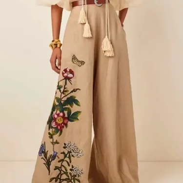 Krisnanas Women's Cotton and Linen Pants 2024 Fashion Pockets Flower Print Elasticity Belted Wide Leg Loose Trousers Pants 2