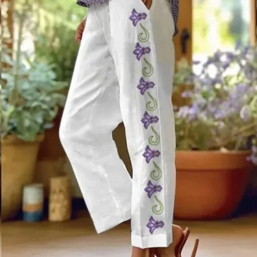 Summer Women's Style Loose Casual Trousers Floral Pattern Print Retro Drawstring Cross Pants Women Rolled Cotton Linen Trousers 2