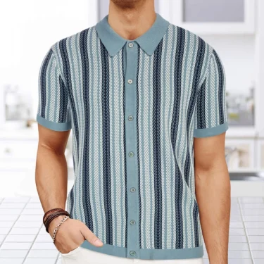 Summer New Men's Striped Jacquard Knitted Short-Sleeved Polo Shirt Contrast Color Casual Fashion Trend Simple Loose Men's Tops 1