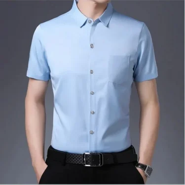 New Men's Business Casual Short Sleeved Solid Color Shirt Wrinkle Resistant Wrinkle Free Comfortable All Season Versatile Top 5