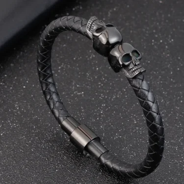 Hyperbole Men Jewelry Black Braided Leather Bracelets Stainless Steel Leahter Bracelets Cool Skull Bracelets Men Bracelet 1