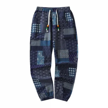 Euro Size Men's Casual Cotton-Linen Pants Paisley Ethnic Print Mid-Waist Drawstring Closure Spring/Fall Casual Pants 6
