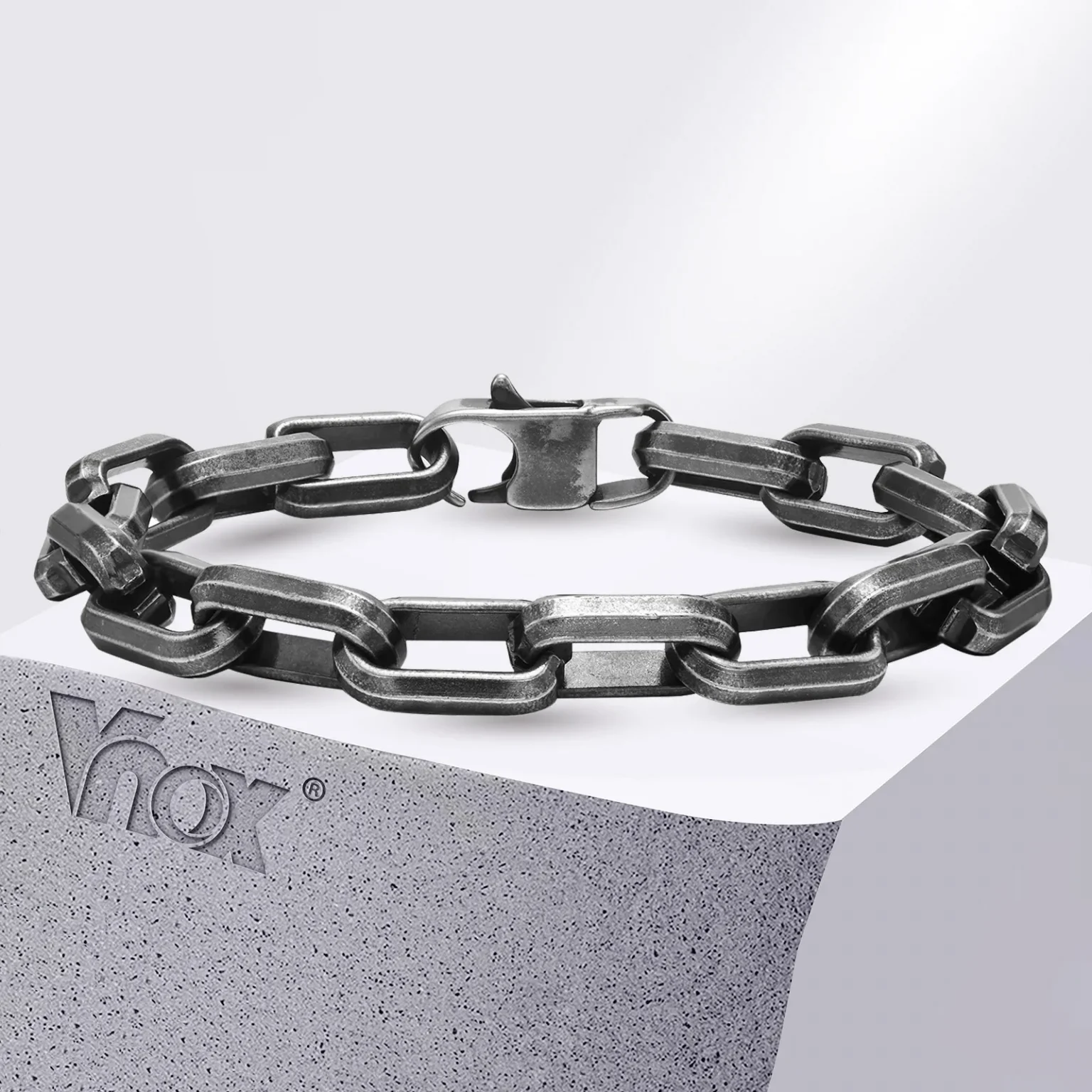 Vnox Punk Heavy Rectangular Link Chain Bracelets for Men Teens Boys, Vintage Oxidized Paperclip Chain Wristband, Chunky Jewelry 1