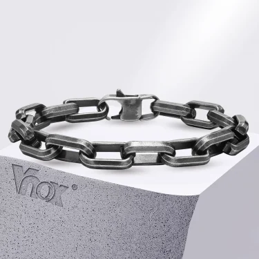 Vnox Punk Heavy Rectangular Link Chain Bracelets for Men Teens Boys, Vintage Oxidized Paperclip Chain Wristband, Chunky Jewelry 1
