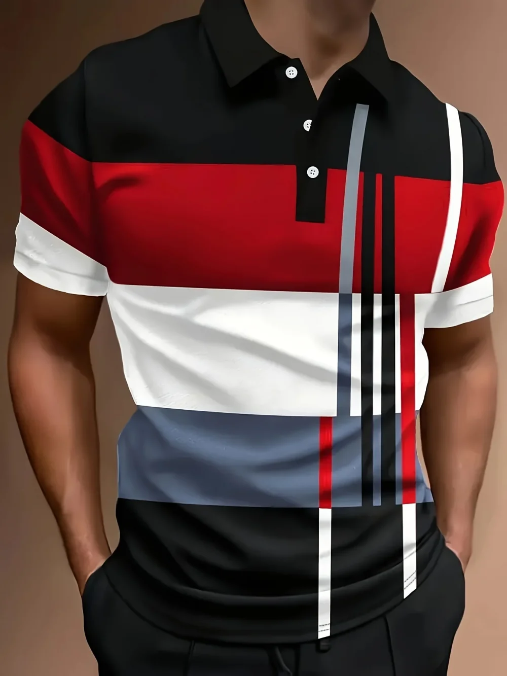 2025 Men'S Casual Geometric Print Knit Polo-Style Shirt with Lapel Collar and Slight Stretch -Polyester Material - Regular Fit 1