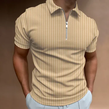 Men's Fashion Polo Shirts 2025 Summer Stripe Zipper Mens Polo Shirt Solid T-Shirt Brand Short-Sleeved Shirt Casual Slim Tops 1