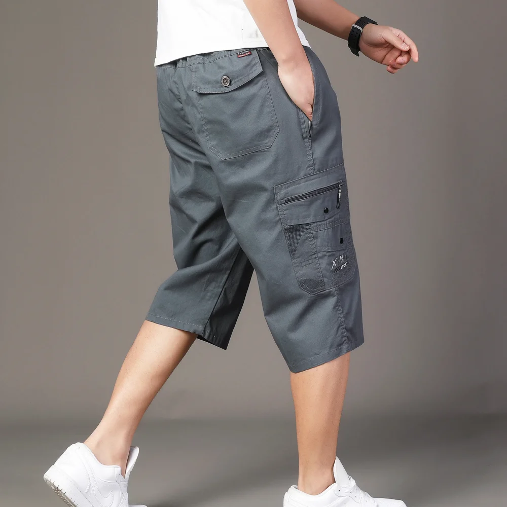 3/4 Loose Cargo Shorts Men Cotton Outdoor Hiking Man Keen Length Summer Breathable Elastic Waist Drawstrring Short Pants 3