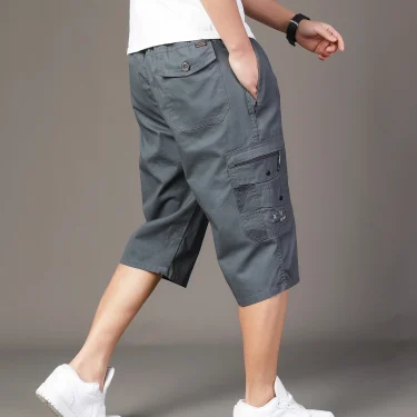 3/4 Loose Cargo Shorts Men Cotton Outdoor Hiking Man Keen Length Summer Breathable Elastic Waist Drawstrring Short Pants 3