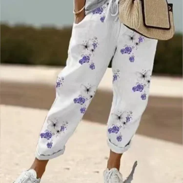 Women Spring Summer Cropped Pants Elastic Waist Drawstring Retro Thin Flower Print Fashion Loose Stripe Pocket Pants 4
