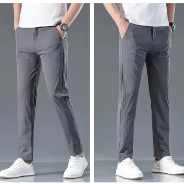 2025 New Summer Ultra-thin Men's Casual Pants Breathable Soft Ice Silk Elastic Straight Business Trousers Black Gray 2