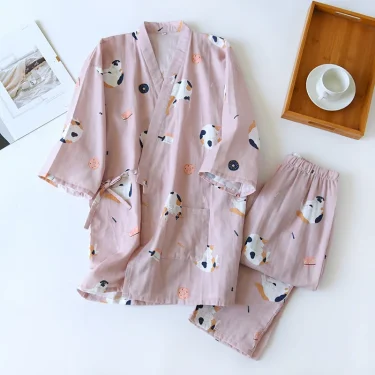 New Japanese-style kimono two-piece couple pajamas cover men and women pure cotton gauze cute kitten thin home service plus size 2
