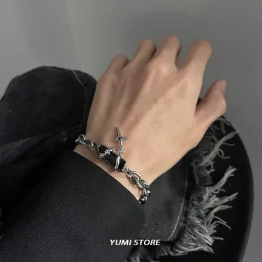 2024 Retro Black Zircon Star Bracelet For Women Men Trend Titanium Steel Punk Nk Chain Unisex Jewelry New Couple Accessories 1