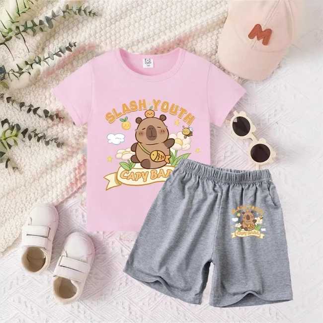 Capybara Baby T-Shirt Shorts Suit Boys Girls Summer Clothes Outfit Tracksuit Cartoon Anime Printed Tees Kids Pajamas Sets Gift 4
