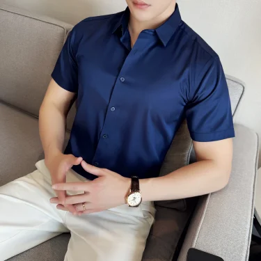 New Anti-Wrinkle Men Shirts Short Sleeves Dress Shirts For Men Slim Fit Camisa Social Business Blouse White Office Shirt S-4XL 1