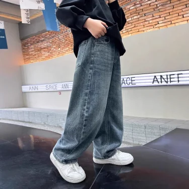 Spring Boys Jeans Pants Kids boys Wide Leg Straight Trousers Loose-Fit Casual Trousers Childrens Trendy Sweatpants Pant 5-14Y 2